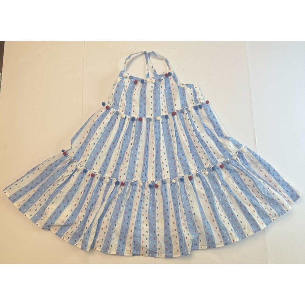 Tommy Bahama Girls Red White Blue Pom Pom Tiered Lined Sundress Patriotic 12 NWT